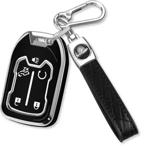 for GMC Key Fob Cover with Keychain Soft TPU Protection Case Compatible with GMC Acadia Sierra Terrain and Chevy Silverado 5-Buttons(Chrome Trim Black)
