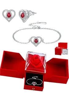 Birthstone Heart Zircon Set, Elegant Jewelry Set, Water Drop Heart Bracelet & Earrings, Eternal Flower Rose Gift Box, Meaningful Love Gift for Wife Mom Girlfriend