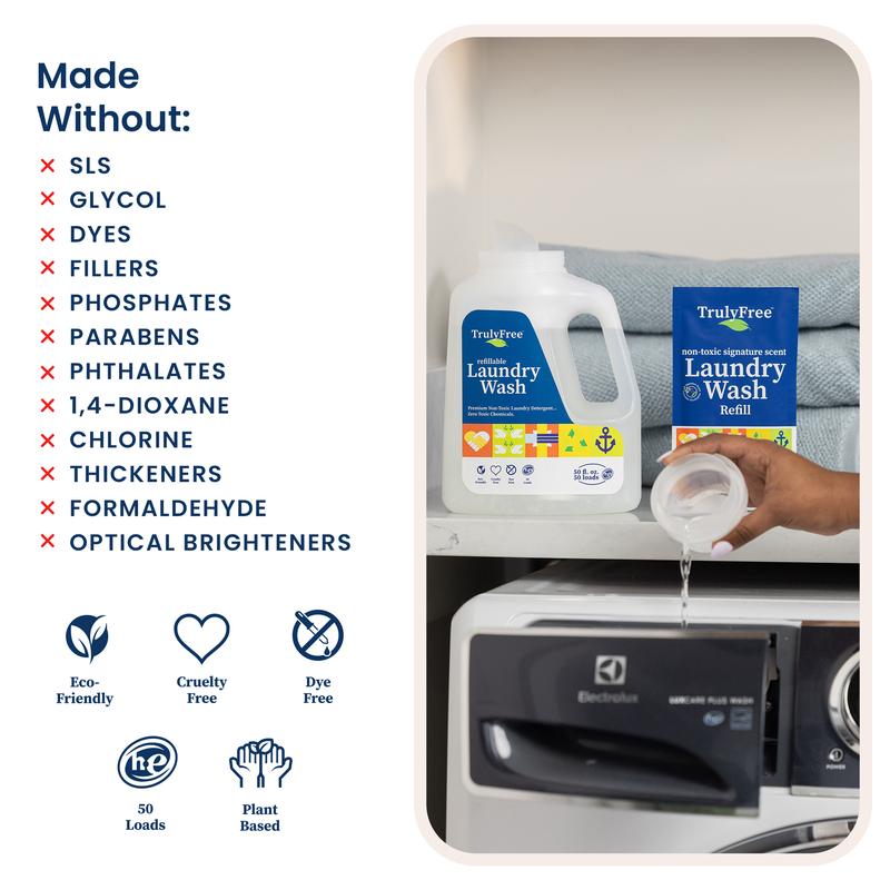 Truly Free Non-Toxic Laundry Detergent - Lavender & Eucalyptus - Sensitive Skin & Baby Safe - Eco Kit: Empty Jug + 3 Concentrate Pouches (Just Add Water) - 150 Loads