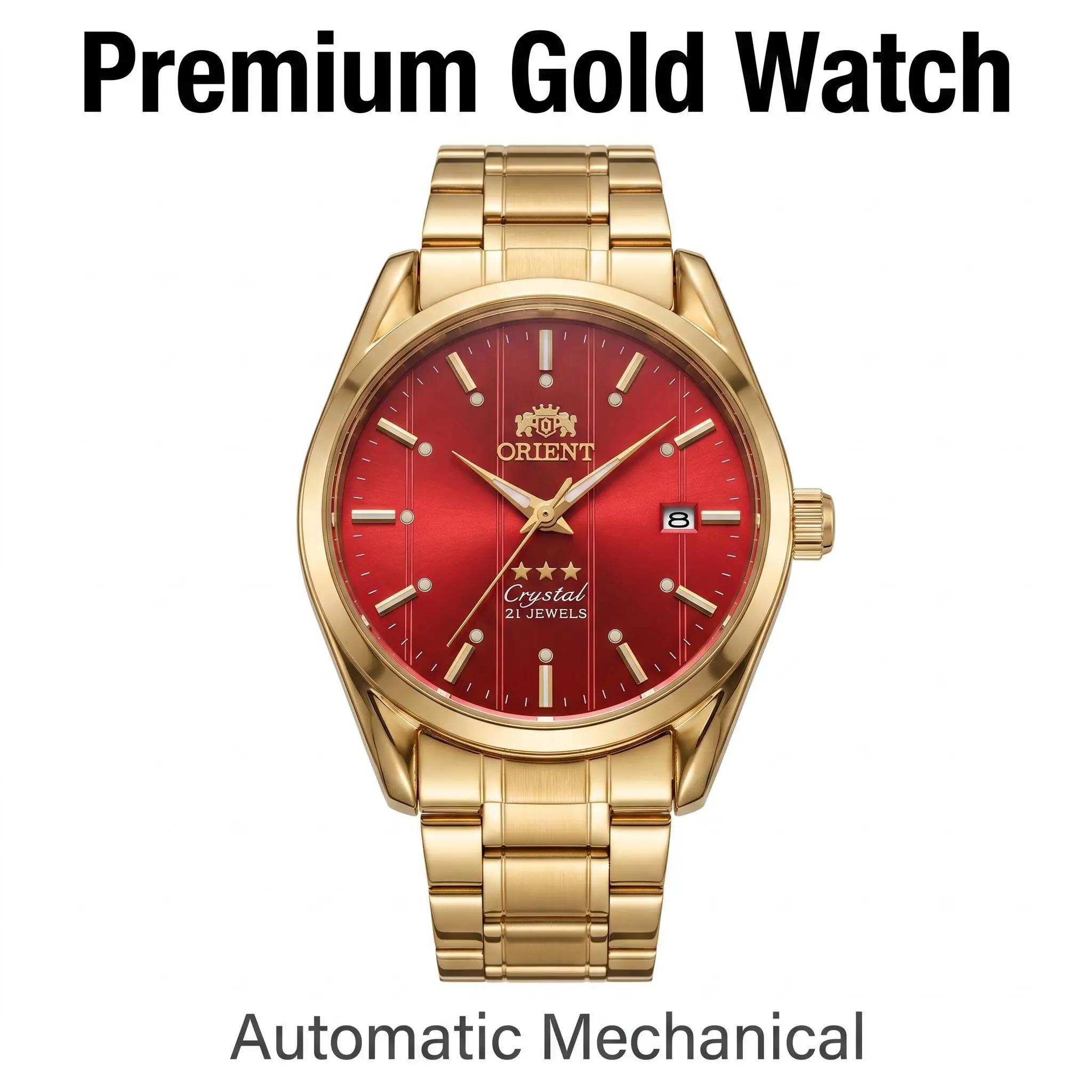 Durable Automatic Wristwatch for Men, Business Style Gold-Tone Stainless Steel with an Elegant Red Analog Dial and Date Display, Metal Body Wrist Watches, Elegant Analog Dial, Golden Coated Metal Wrist Watches, Business Look, Durable Wrist Watches