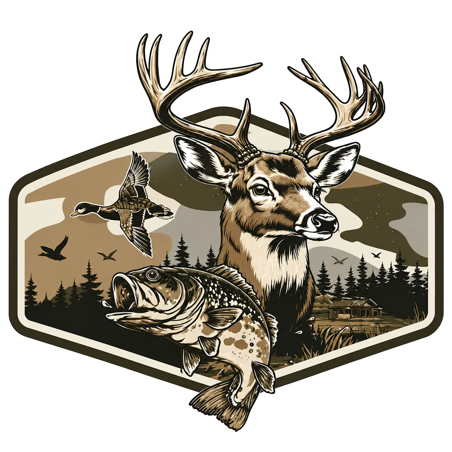 Deer Duck Fishing Sticker, Vintage Woodland Wildlife Badge with Buck, Bass & Flying Duck, Rustic Outdoor Decal for Camping, Fishing & Nature Lovers