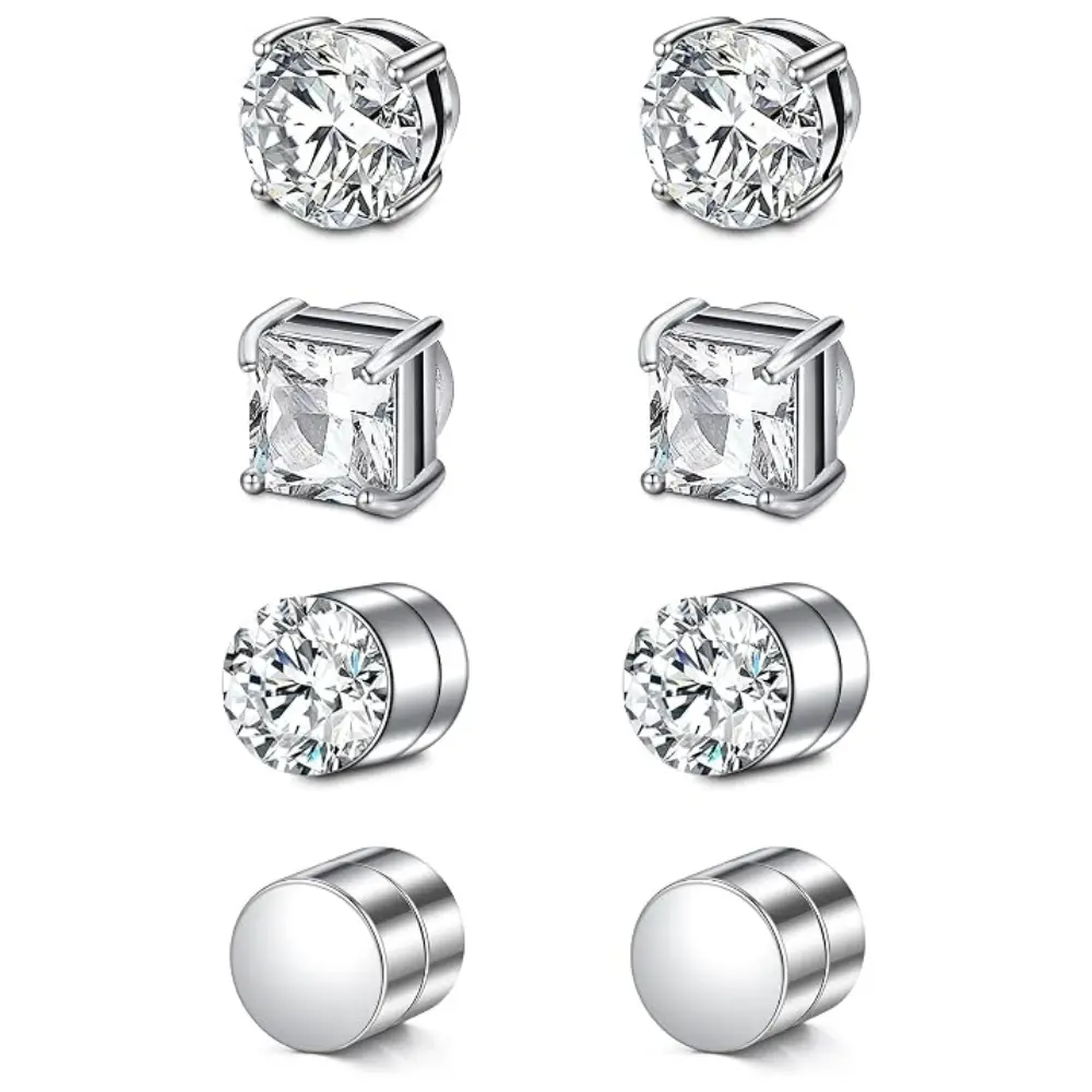 4Pairs Magnetic Earrings Without Punching Ear Clips, Silvery Stainless Steel Punk Style Ear Studs, Safe And Painless Women's Earrings, Non Piercing Jewelry