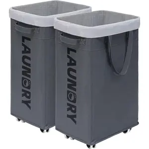 2-Pack Hamper with Wheels, 75L Large Laundry Baskets with Removable Wash Bags, Foldable Laundry Baskets with Slim Design for Corner Dorms, Rolling Laundry Hamper on Wheels, Grey