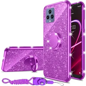 for T-Mobile Revvl 6 5G Case (Not Revvl 6 Pro), Case for T-Mobile T Phone 5G/Revvl 6X Girls Women Glitter Cute Luxury Soft Silicone Clear Cover with Ring Stand Shockproof Protective Phone Case -Purple