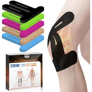 PreCut Kinesiology Tape for Knees, 12 PCS Waterproof KTQUICK Knee Tape for Knee Pain Relief Pre Cut, Original Cotton Athletic Knee Tape, Waterproof & Hypoallergenic Latex-Free for Sports (Black)
