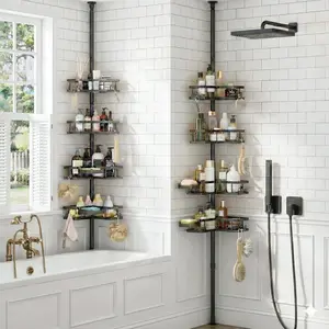 Corner Tension Shower Rod, 4-Layer Rust-Proof Adjustable Storage Rack, 25-114.2 inches. No-drill quick install with soap holder & hooks. Punch-free standing shelf, ideal for shower, bathroom and kitchen, space-saving for home & rental.