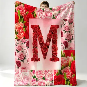 Rose Letter Printed Fleece Throw Blanket, Romantic Red Pink Floral Monogram Pattern, Ultra Soft Skin-Friendly Premium Microfiber, Lightweight Breathable & Cozy, Perfect for Sweet Aesthetic Room Decor