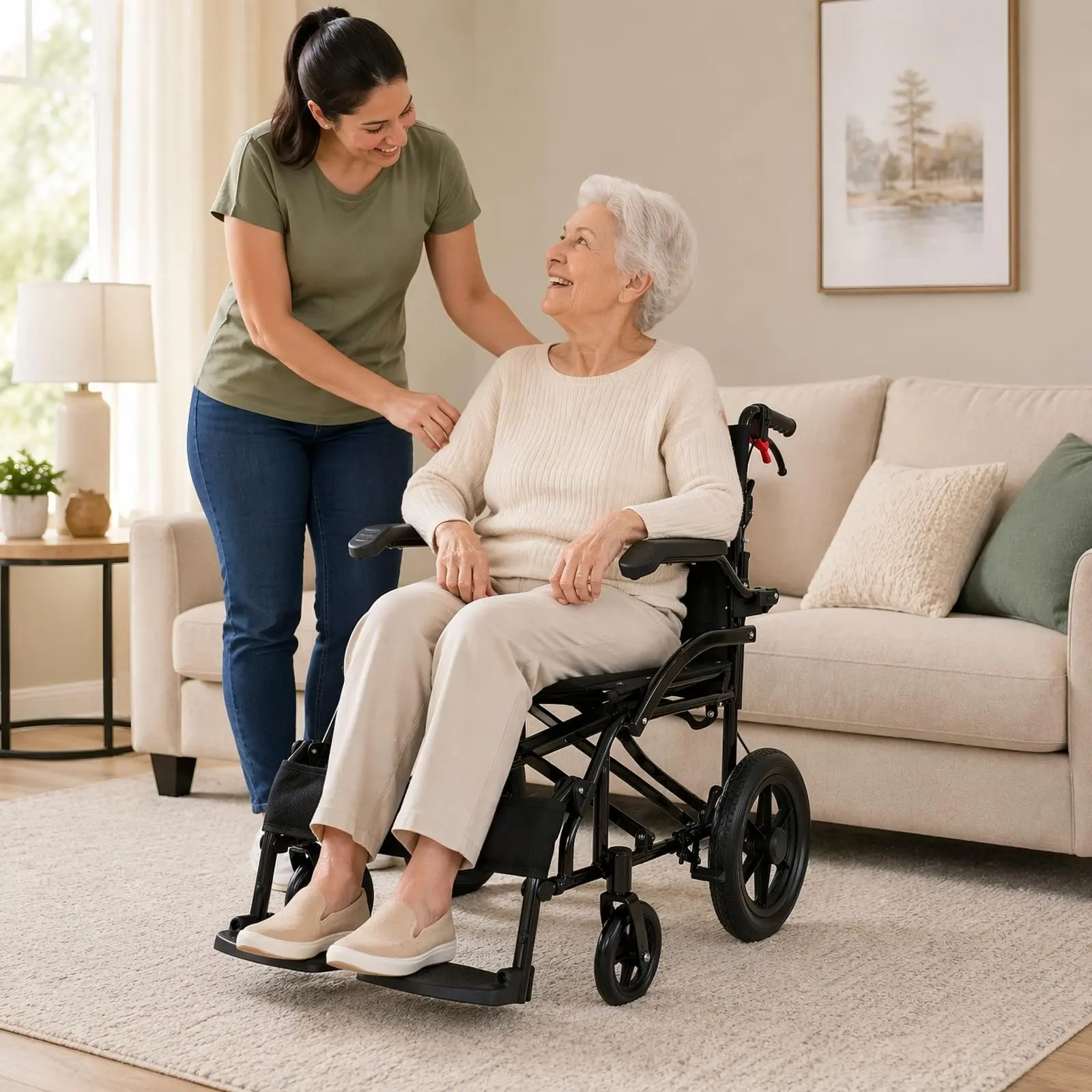 Garvee Lightweight Collapsible Transport Wheelchair for Adults & Seniors - Aluminum Mobility Travel Chair, Rotatable-Up Removable Armrests, Swing-Away Footrests, Locking Hand Brakes - Compact