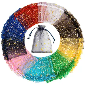 Gift Bags 100pcs Organza Bags 4"X6" Moon Star Small Gift Bags Bulk Party Favor Mesh Drawstring Goodie Wrap Pouch Candy Jewelry Sachet Bracelet Fruit Protection Wedding Halloween Christmas
