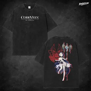 Code Vein 2 Washed T-Shirt, Crew Neck Casual Tshirt Menswear Collar, Gifts for him, subtle anime clothing, Viral Trendy Graphic Cotton