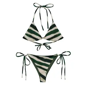 Women Green Zebra Stripe Triangle Bikini Set Tie Side String Swimsuit Beach Vacation Summer Swimwear Sexy 2 Piece Bathing Suit Festival Outfit Sunbathing Tropical Pool Party