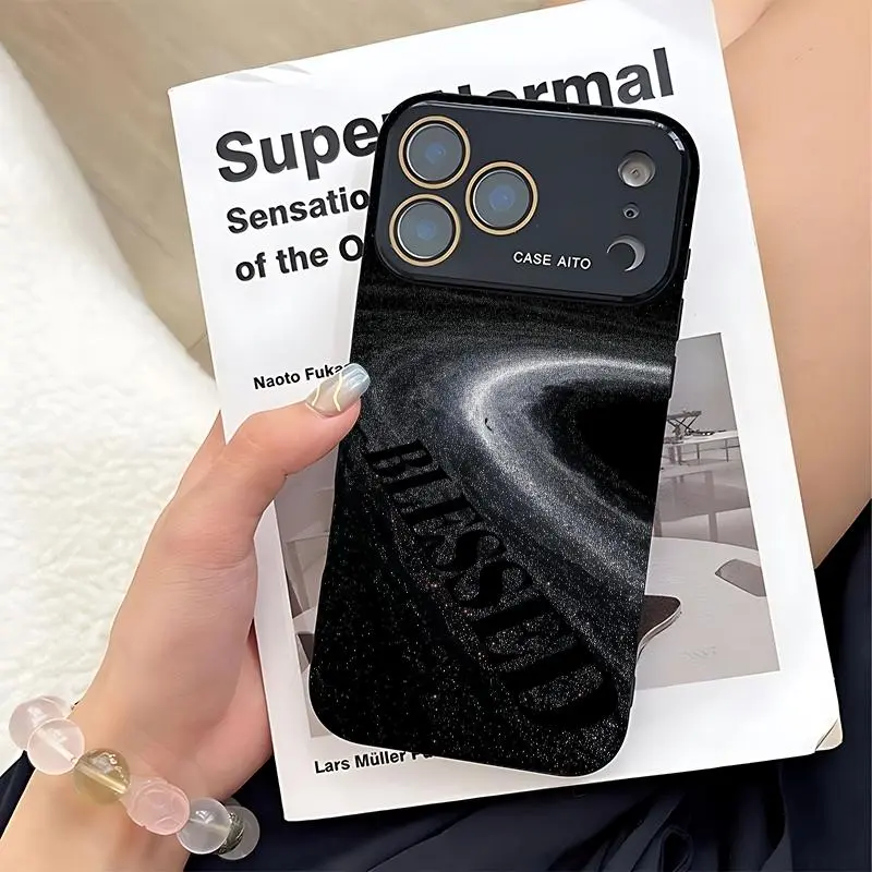 Galaxy-themed curved sand texture phone case. Compatible with iPhone 17 Pro Max, 16 Pro Max, 15 Pro Max, and 14 Pro. Includes lens protection. Also suitable for iPhone 15, 14, 13, and 12. Made of skin-friendly TPU material. Perfect birthday gift.