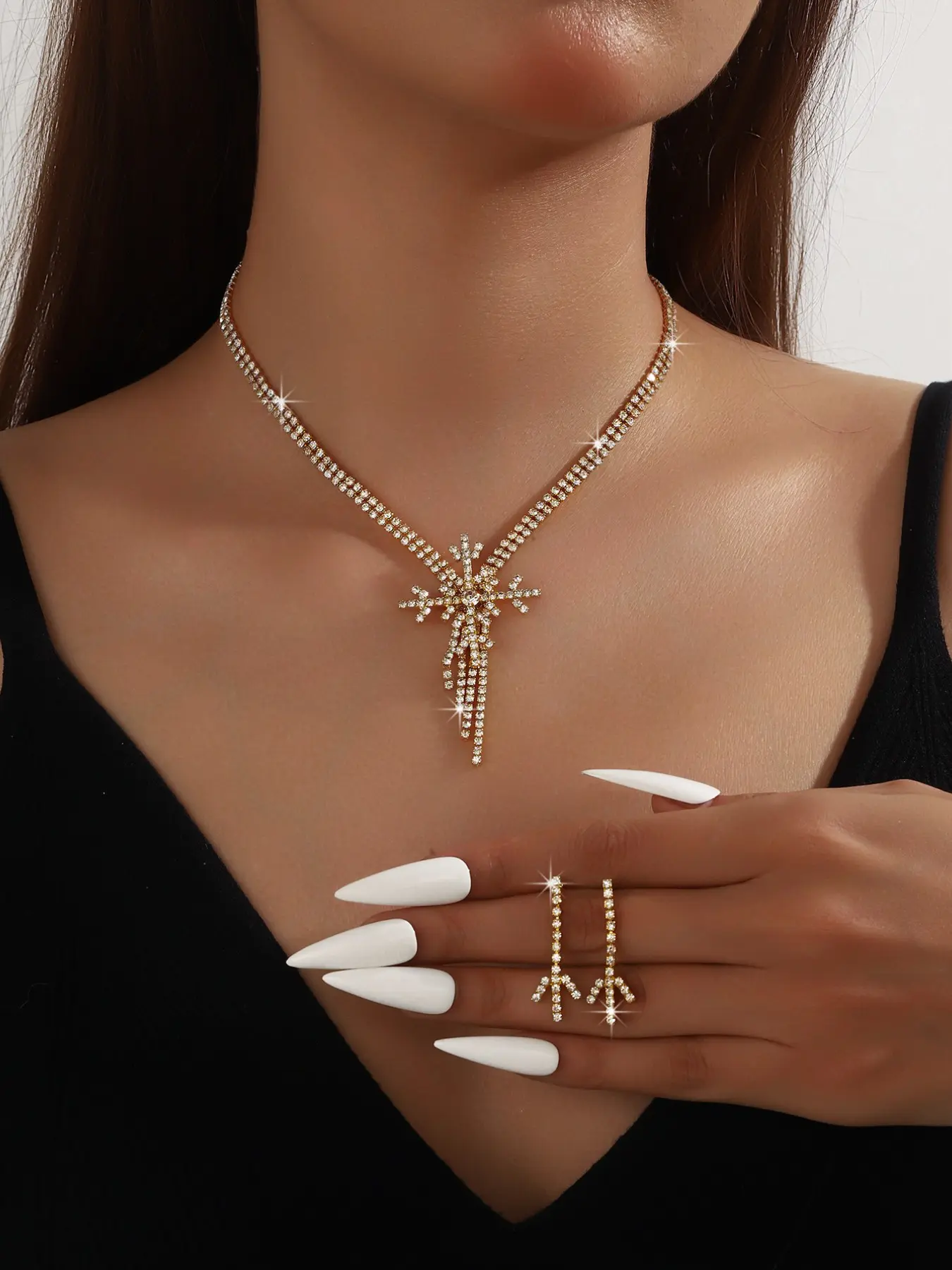Fashionable Luxury Feng Shui Diamond Snowflake Necklace Earrings Set, Party Wedding Jewelry, Elegant Accessory for Special Occasions