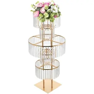 5 Tier Crystal Flower Vase for Wedding Table Centerpieces 47.2" Tall Flower Stand with Hanging Crystal Metal Cylinder Flower Vase Stand for Flower Arrangement Home Party Event Wedding Decor Gold Ornaments Decoration