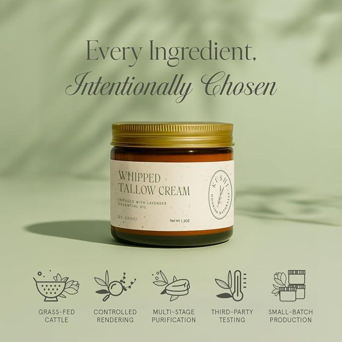 Kushi Whipped Tallow Cream - Grass-Fed Natural Moisturizer with Vitamins A D E K for Dry Skin Eczema Psoriasis Rosacea & Acne Gentle Moisture Hydrate Moisturizing
