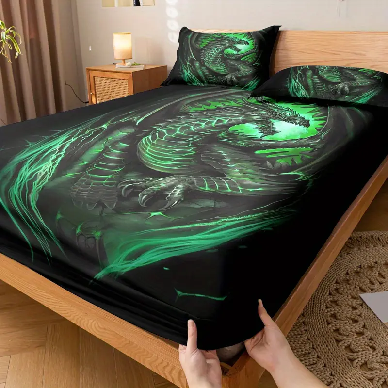 3-Piece Green Dragon Pattern Bed Sheet Set - Soft and Comfortable Bedroom, Guest Room, and Dormitory Decorative Bedding Set Including 1 Bed Sheet + 2 Pillowcases