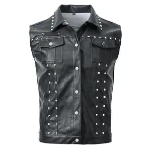Solid color lapel biker punk vest for men with rivets, in a motorcycle style, made of PU leather imitation Menswear Tops Gilet Bestie Beige Black