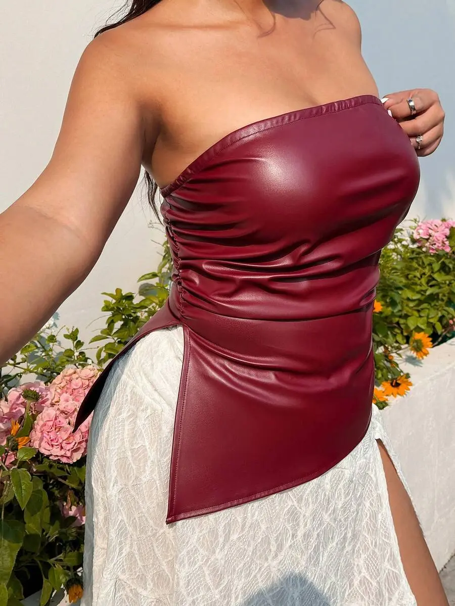 [FREE SHIPPING EVENT] Plus Size Women PU Leather Ruched Cropped Camisole Burgundy,Summer Classy Night Out Club Strapless Red Tube Top Leather Corset Top,Y2k ,Party