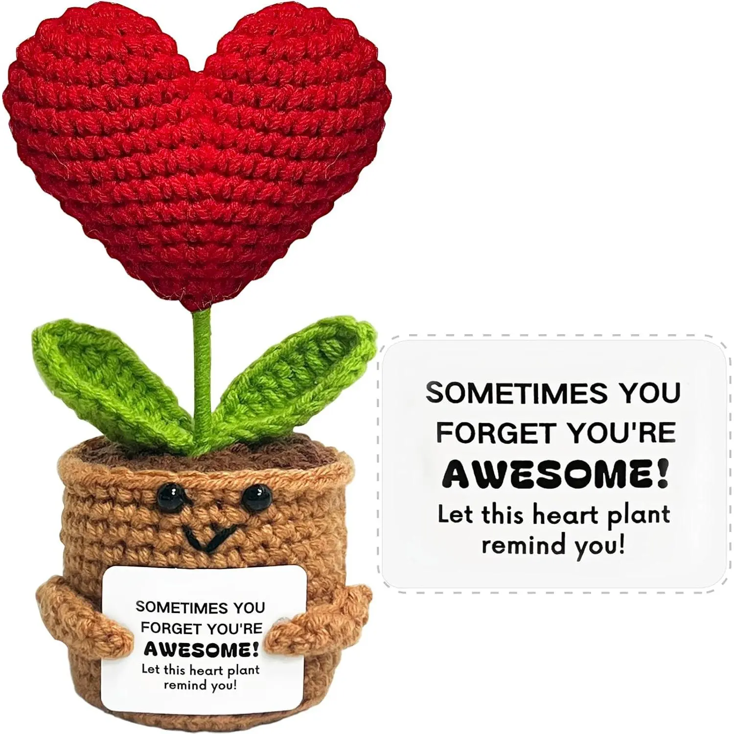 Father's Day Gift Positive Crochet Animal Heart Flower Gifts, Handmade Knitted Wool Doll with Positive Card for Cheer Up Gift Inspirational Emotional Support Crochet Sunflower Stuff for Birthday Gifts to Women Men
