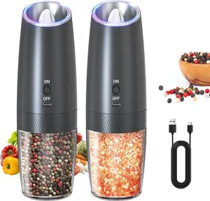 Rechargeable Electric Salt and Pepper Grinder Set Gravity Salt and Pepper Mills Set with LED Light, No Battery Needed, Adjustable Coarseness, Washable 135ml Container, Black