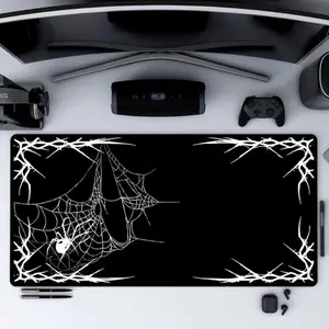 Goth Spider Web Mouse Pad, Large Black and White Gaming Desk Mat with Dark Aesthetic Design for Horror, Goth and Halloween Lovers