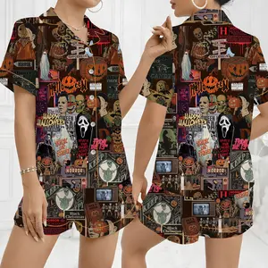 Women’s Retro Horror Movie Halloween Enjoyer Thri/ller Retro Ghost Pumpkin Short Sleeve Satin Pajama Set, Pajama Nighwear Set for Her