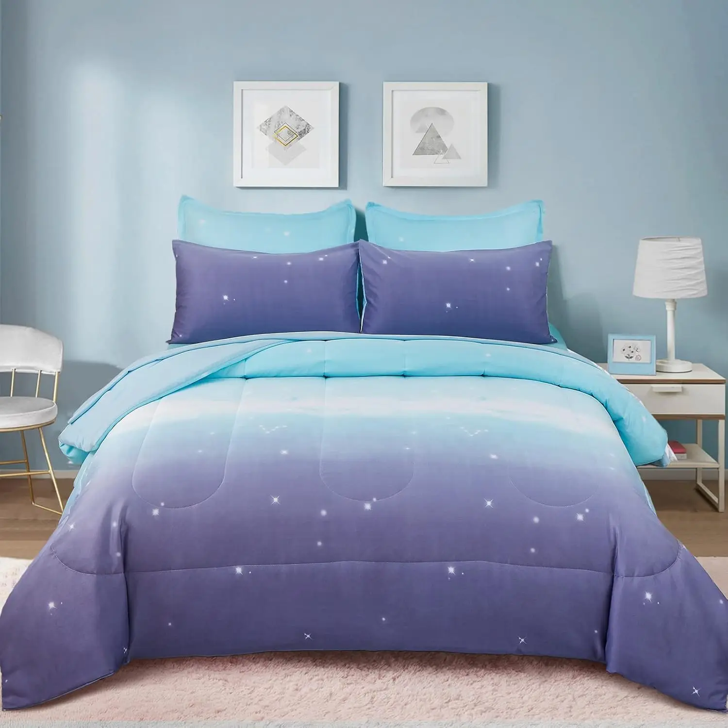 Girls Comforter Set  Size 7 count Bed in A Bag Ombre Blue Purple Rainbow Bedding Set Collections for Teen Women (1 Comforter, 1 Flat Sheet, 1 Fitted Sheet, 2 Pillow Shams, 2 Pillowcases)