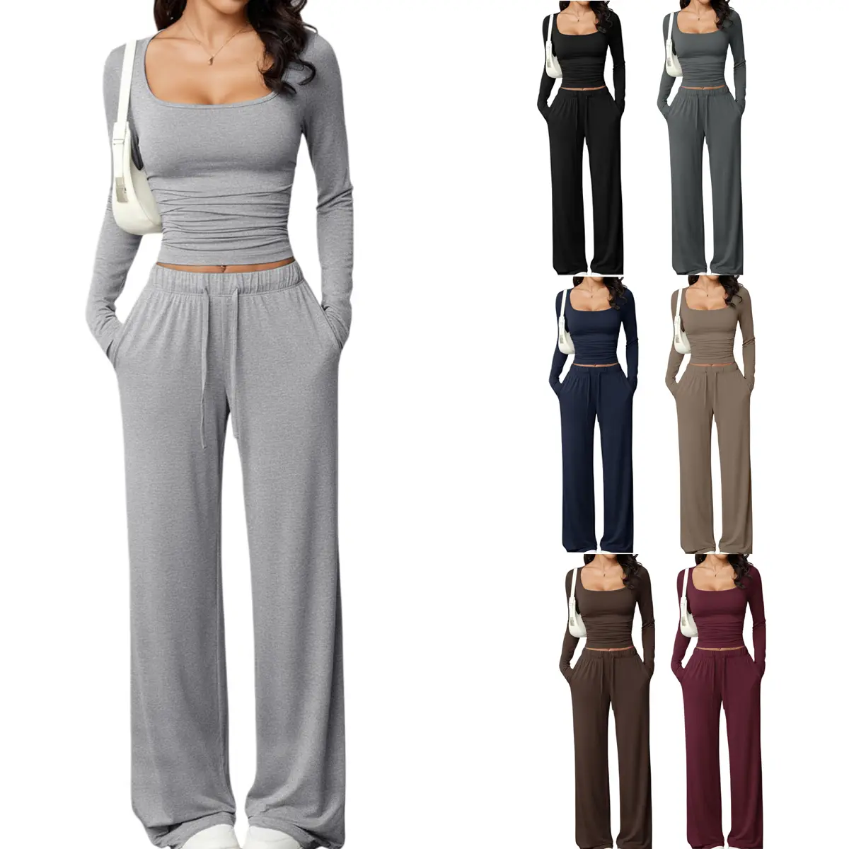Women’s 2 Piece Tracksuit Matching Outfits Square Neck Long Sleeve Crop Top Casual Long Pants Workout Lounge Set