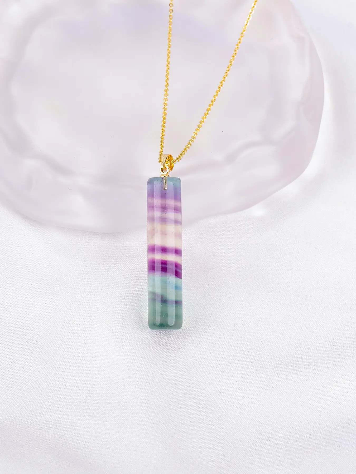 Natural Crystal Rainbow Fluorite Cylinder Pendant Necklace, Shiny Rainbow Fluorite Pendant, Bohemian Style, Crystal Lover Jewelry