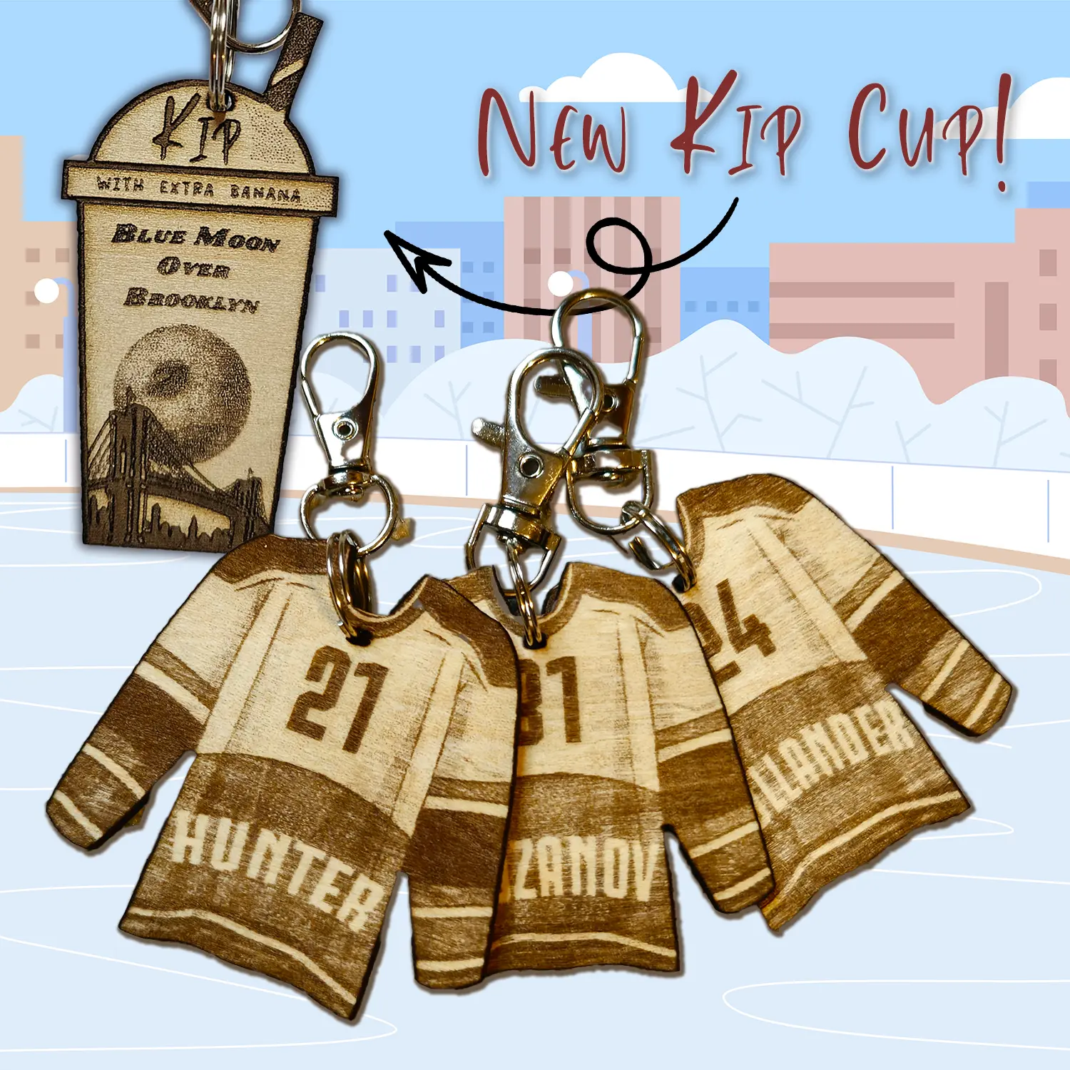 Custom Wooden Hockey and Kip Cup Keychains Laser Engraved Custom Wooden Hockey and Kip Cup Keychains Laser Engraved