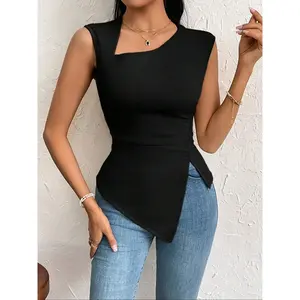 Women’s flat-neck asymmetrical sleeveless vest, summer casual top, women’s everyday wear, women’s clothing — GARMENTARY