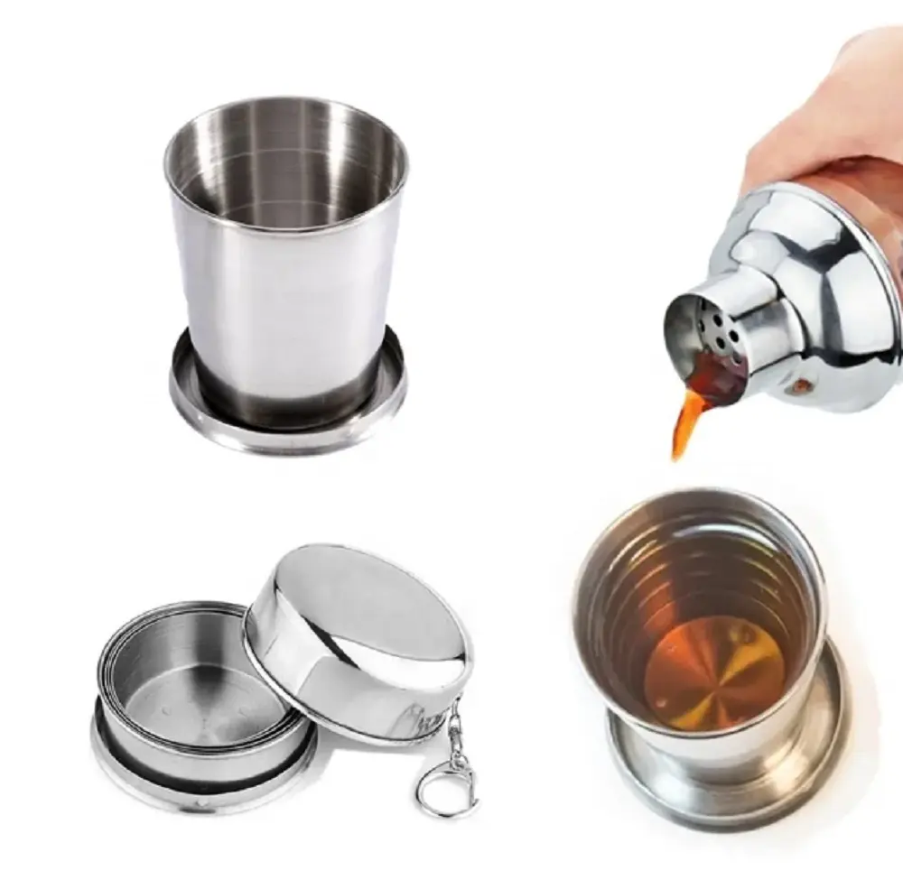 TIKA Portable Stainless Steel Folding Cup, 250ML Retractable Camping Mug with Lid and Keychain