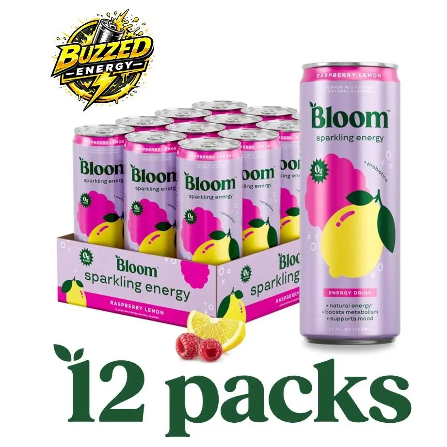 Bloom Nutrition Sparkling Energy Drink, Lemon & Multiple Flavors, 0 Sugar Caffeinated Beverage with Natural Caffeine, Green Tea Extract, Green Coffee Bean & Prebiotics, 12oz 12-Pack