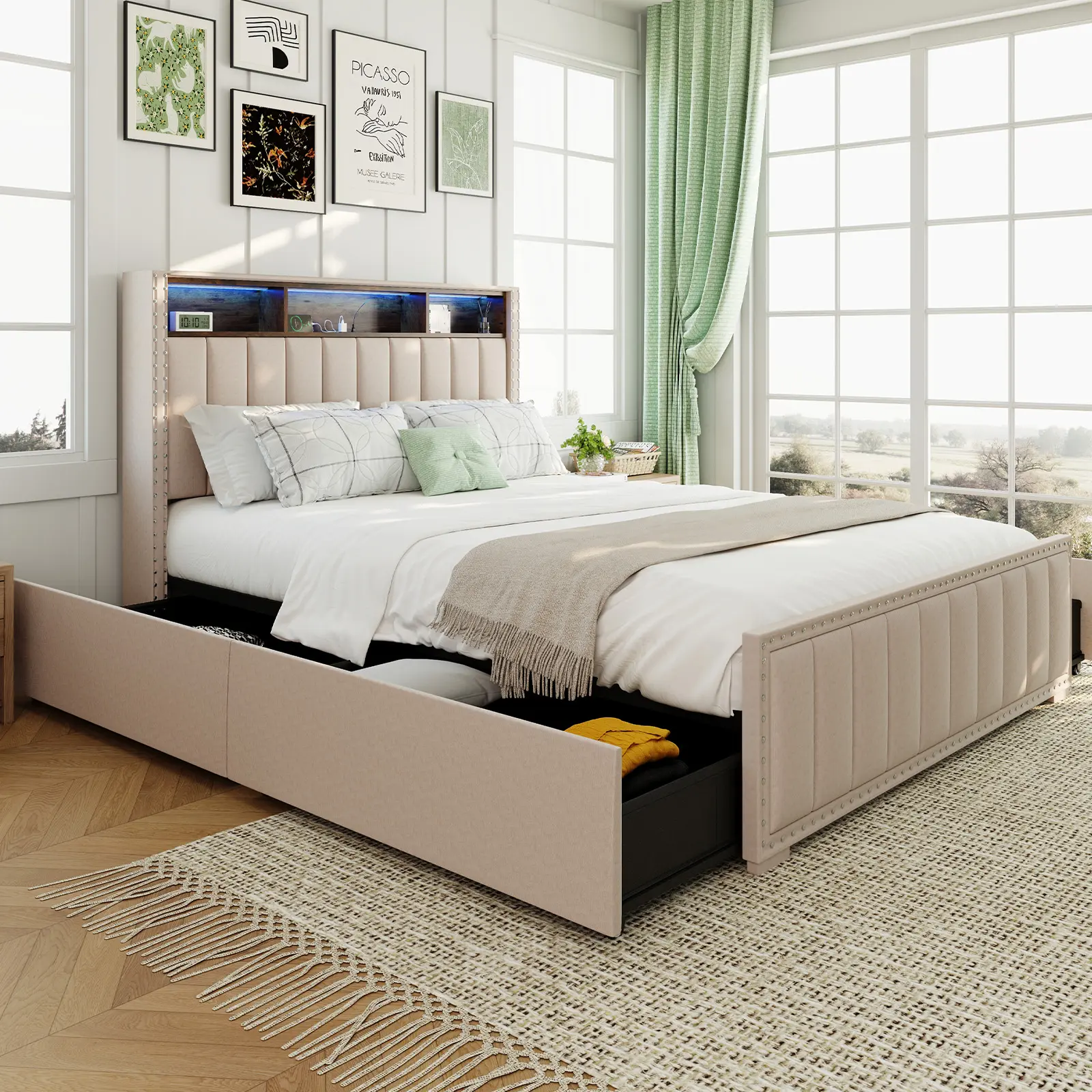 Beige Upholstered Bed Frame (Queen & Full Size Options) - Furniture with 4 Drawers, Storage Headboard, Built-in Charging Station, Solid Wood Slats, No Box Spring Needed, Ideal for Bedroom Decor Ideas