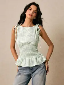 Sable x Poéselle Women's Top Waist Green Check Plaid Round Neck Tie Flounced Hem Shoulder Tank Summer For Women Cute Tops Concert Beach Woman Ruffle Front Boho Y2k