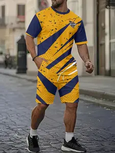 Yellow and blue contrasting color sport 3D digital printed two-piece set, 2Pcs, trendy fashion set, trendy retro casual two-piece set, vacation-style trendy outfit, breathable sporty casual style, a perfect holiday gift for men