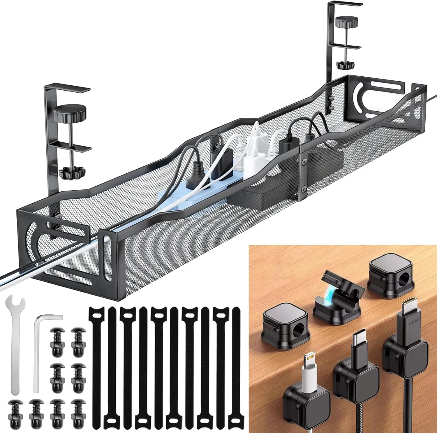 Cable Management Under Desk, 25.3'' Drill Desk Cable Management Tray with Clamp, Metal Cord Organizer for Standing Desk, Computer Wire Management for Home Office & Gaming Setup, Black