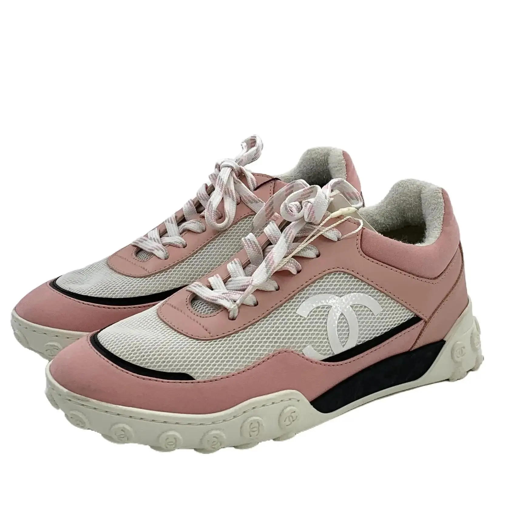 RDLT-Chanel Size 37 Pink Mesh Lace-up Flat Sneakers with Interlocking CC Logo-J37657