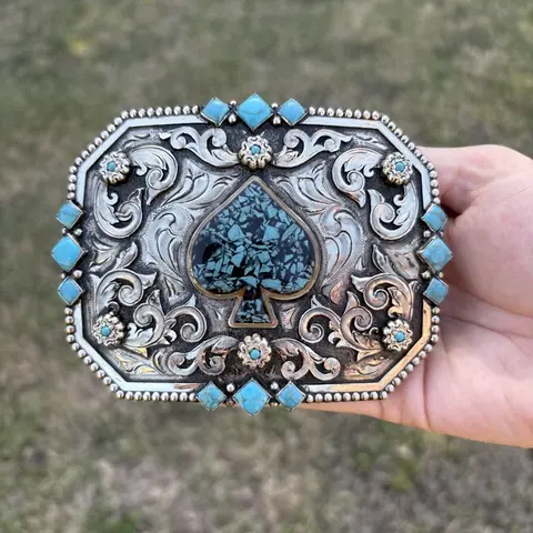 Spade Turquoise Belt Buckle - Hand-Engraved Double-Edge Ace of Spades Accessory, Western Jewelry for Wild West Enthusiasts & Those Who Appreciate Western Aesthetics