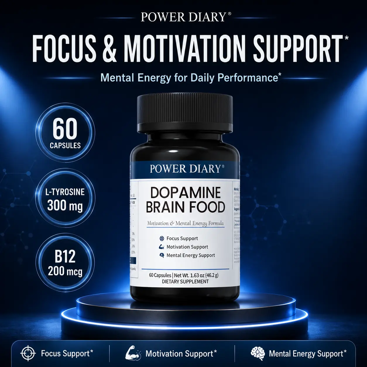POWER DIARY Brain Supporting Supplement - Dopamine Support Brain Food with L-Tyrosine, B12 Blended Vitamins & Minerals, Vegetarian Mental Performance Supplement for Focus, Clarity, Mental Energy, 60 Capsules, Focus Fuel