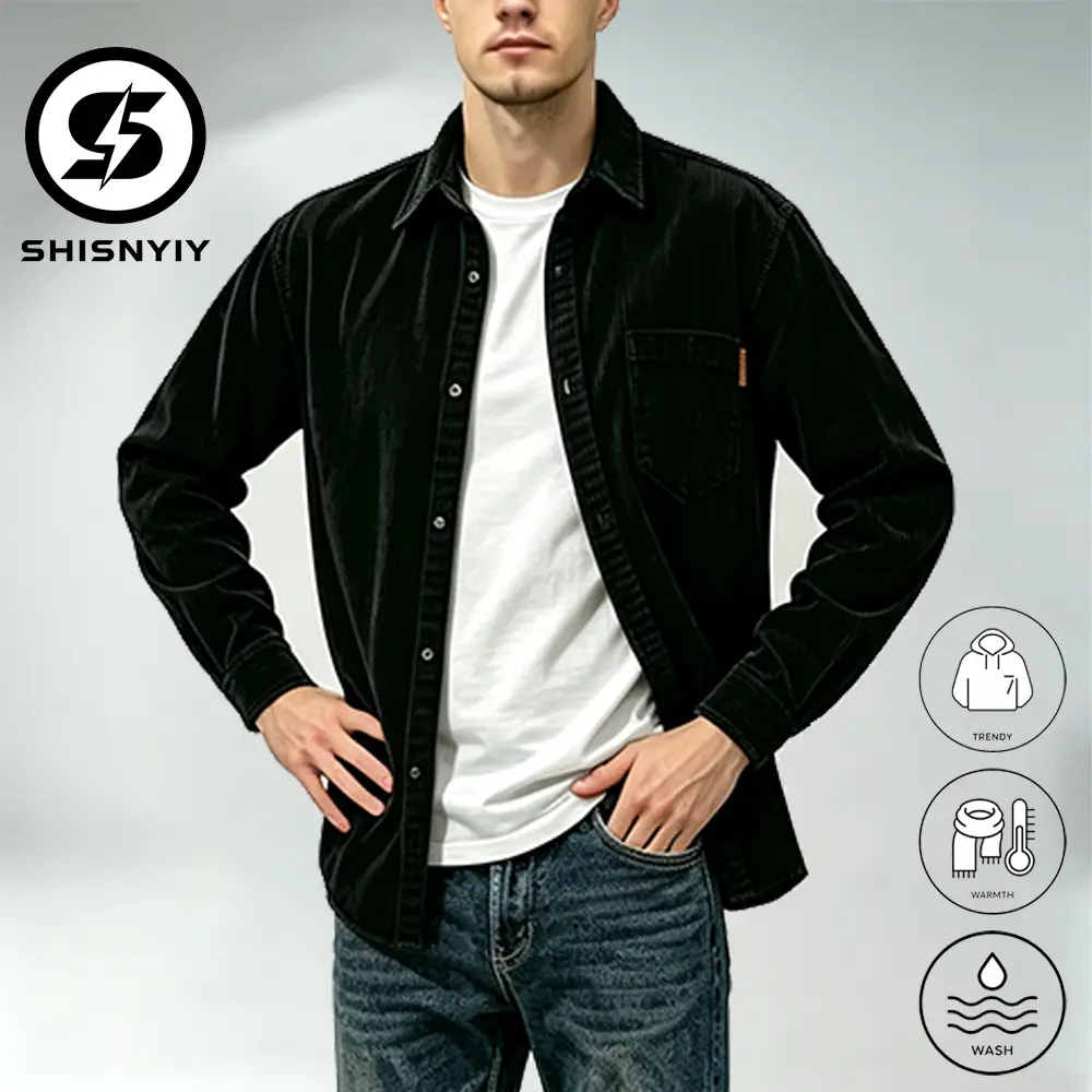 SHISNYIY Mens Corduroy Button Down Shirt Long Sleeve Casual Oversized Shirt Jacket With Chest Pocket Fall Winter Lightweight Shacket