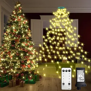 Christmas Tree Lights with Ring,8.2Ft 16 Line 448 LED Green Wire Fairy Waterfall String Light Plug in,Dimmable Cascading Lights with 8 Lighting Modes for Indoor Outdoor Xmas Tree(Warm White)