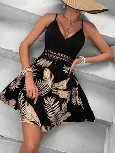 Women's Deep V Neck Lace Dress, Tropical Palm Leaf Print Short Skirt, Slim-Fitting Boho Style, Summer Beach Vacation Casual Wear Bohemian