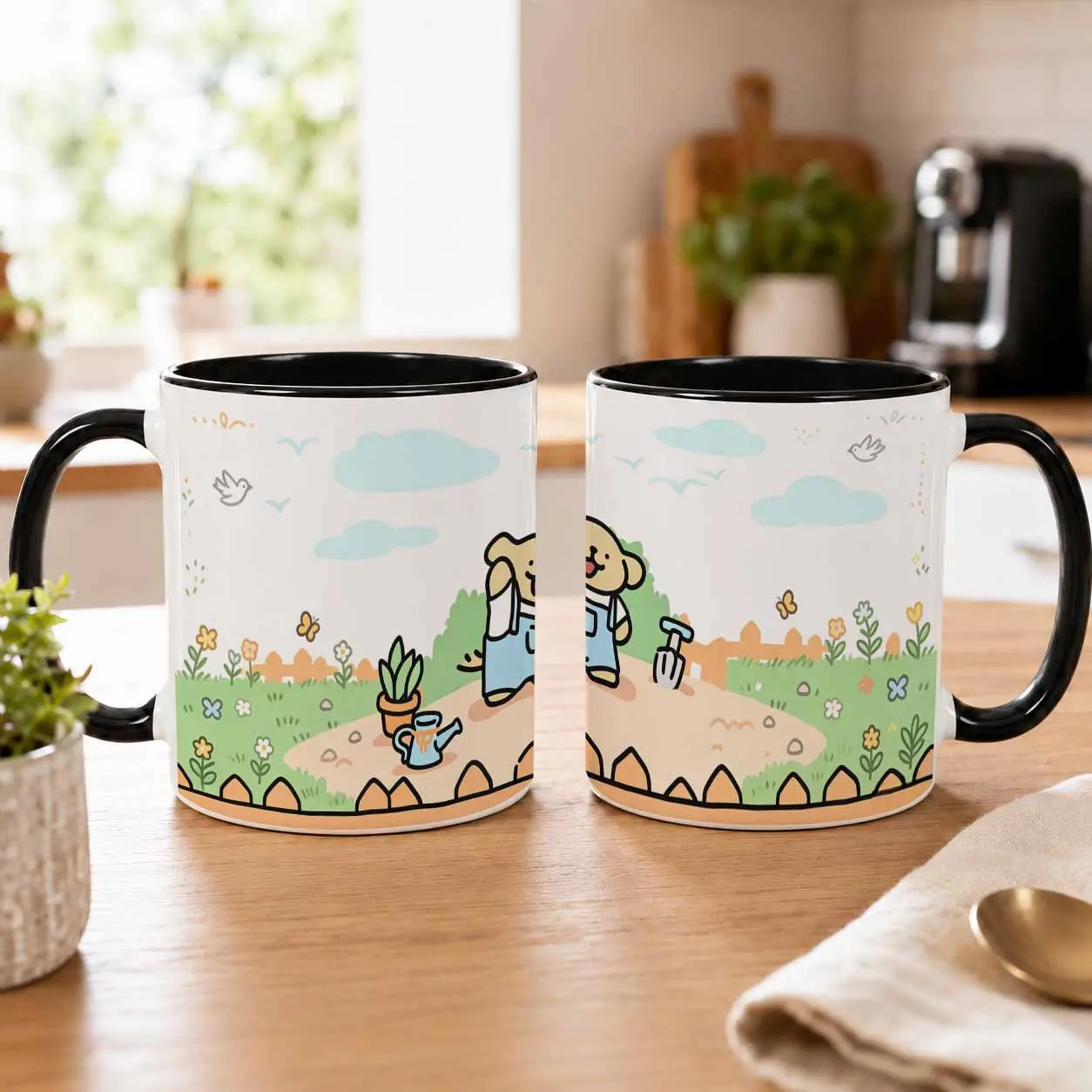 Cute Gardening Dog Mug (11oz/15oz)  Kawaii Puppy Gardener Floral Print  Durable Ceramic Coffee Cup for Home  Office  Patio  Birthday  Spring Gift
