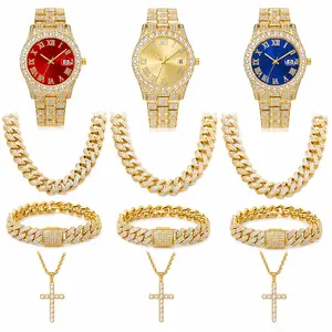 4-Piece Gold Tone Rhinestone Jewelry Set – Iced Out Watch, Cuban Link Chain, Bracelets & Cross Pendant Necklace, Hip Hop Fashion Accessories
