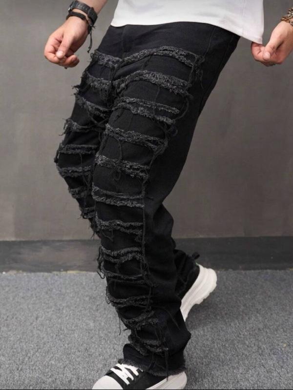 Men's Black Distressed Ripped Jeans - Slim Fit Denim Pants for Casual Wear