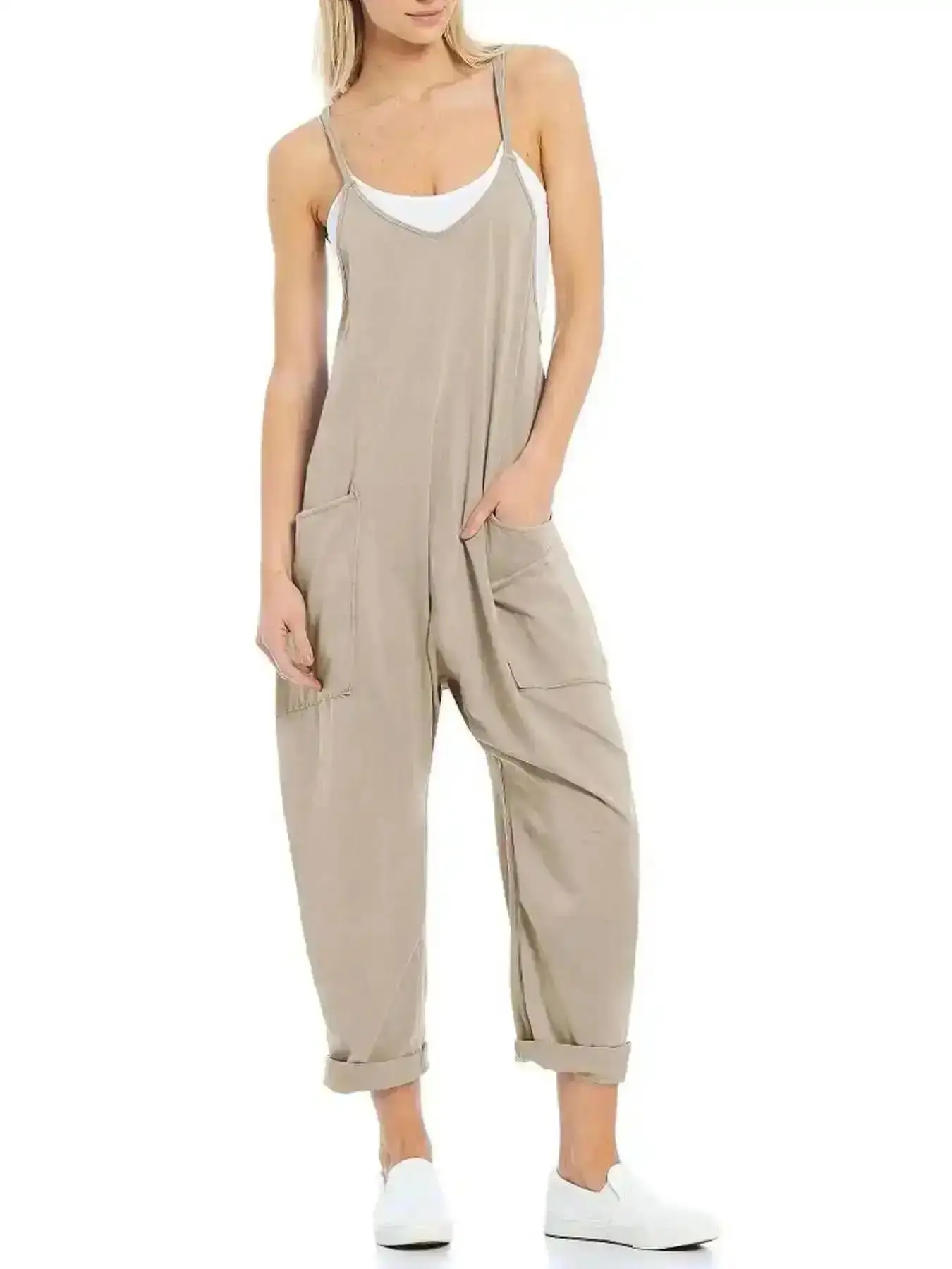 Urban 2026 Women's Solid Color Pocket V Neck Overall Jumpsuit without Tube Top, Casual Basic Adjustable Spaghetti Strap Sleeveless for Summer, Fashion Clothing Daily Wear, Versatile, Breathable, Comfy, Holiday Outfit
