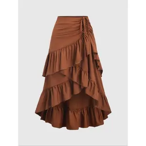 Women’s solid-color ruffled hem skirt, boho fashion casual high-low hem skirt for daily wear and holiday vacations, ladies’ bottoms for all seasons