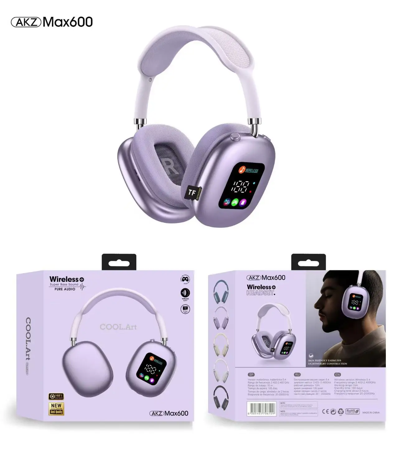 AKZ-MAX600 Wireless On-Ear Headphones - RGB Digital Display Audio Headset, Dual-Mode Foldable Design with TF Card Support, Bluetooth & Wired Connectivity, Wireless Headset Audio