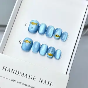 10pcs Cute Ice Blue Cat Eye Fish Press on Nails, Summer Ocean Style Bubble Decor, Removable Reusable Manicure for Ladies, Daily & Beach Wear